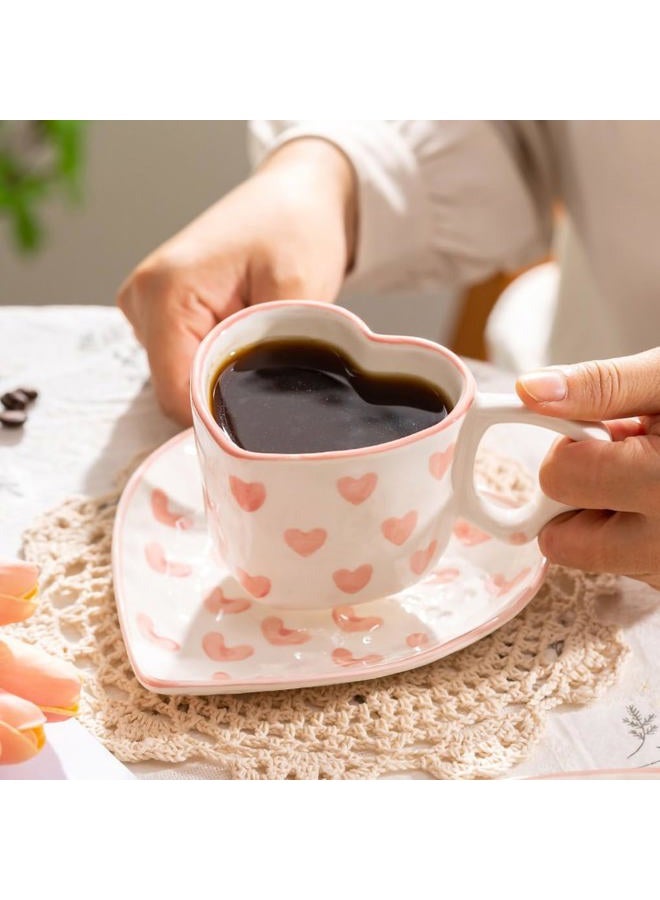 WAIT FLY Heart Shaped Ceramic Coffee Mug Set with Saucer, Tea Cup, Breakfast Cup, Dessert Plate-Pink-8 OZ - Image 4
