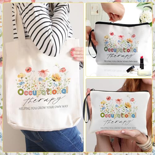 Waldeinsamkeit 3 Pcs OT Gifts Occupational Therapy Gifts Set Floral Canvas Tote Bag Cosmetic Makeup Bag Keychain Appreciation Thank You Gift for Occupational Therapist Women Speech Therapist - Image 3