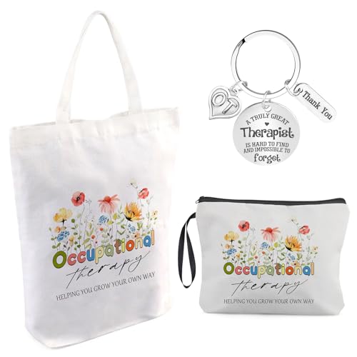 Waldeinsamkeit 3 Pcs OT Gifts Occupational Therapy Gifts Set Floral Canvas Tote Bag Cosmetic Makeup Bag Keychain Appreciation Thank You Gift for Occupational Therapist Women Speech Therapist - Image 1