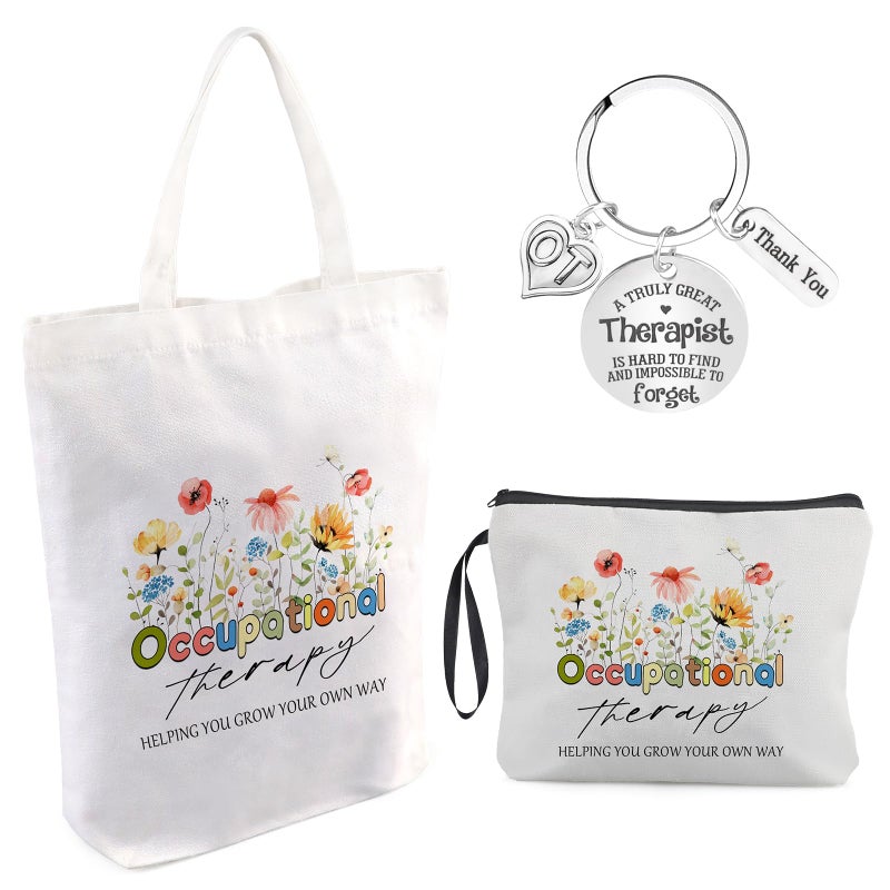 Waldeinsamkeit 3 Pcs OT Gifts Occupational Therapy Gifts Set Floral Canvas Tote Bag Cosmetic Makeup Bag Keychain Appreciation Thank You Gift for Occupational Therapist Women Speech Therapist - Image 2