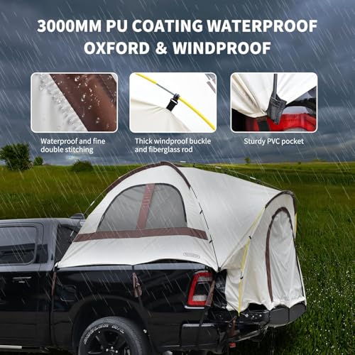 Tecoom Truck Tent Waterproof PU3000mm Double Layer for 5.5-5.8ft Pickup Bed, Portable 2 Person Compact Full Size Bed for Back of Truck Camping Beach Tent with Rain Fly - Image 4