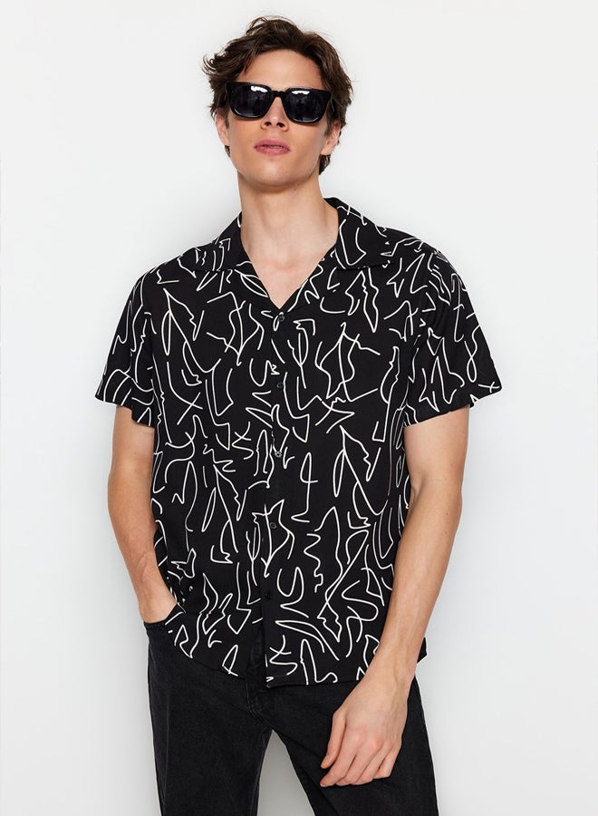 trendyol Black More Sustainable Regular Fit Open Collar Short Sleeve Flowy Geometric Summer Shirt - Image 2