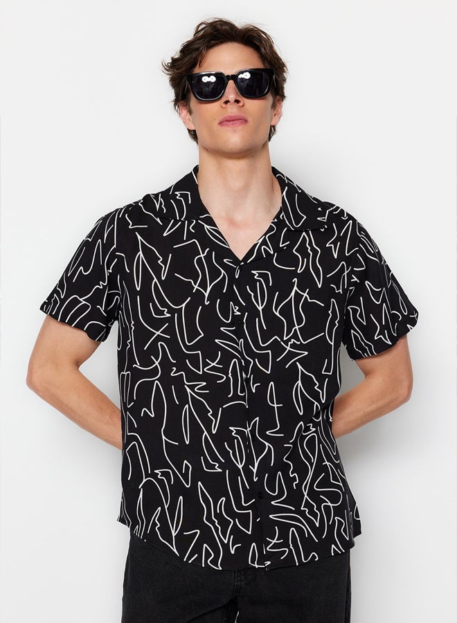 trendyol Black More Sustainable Regular Fit Open Collar Short Sleeve Flowy Geometric Summer Shirt - Image 1