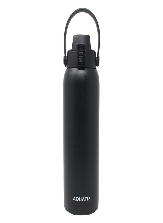 yinat New Aquatix (Black, 32 Ounce) Pure Stainless Steel Double Wall Vacuum Insulated Sports Water Bottle Convenient Flip Top Cap with Removable Strap Handle - Keeps Drinks Cold 24 hr/Hot 6 hr - Image 1