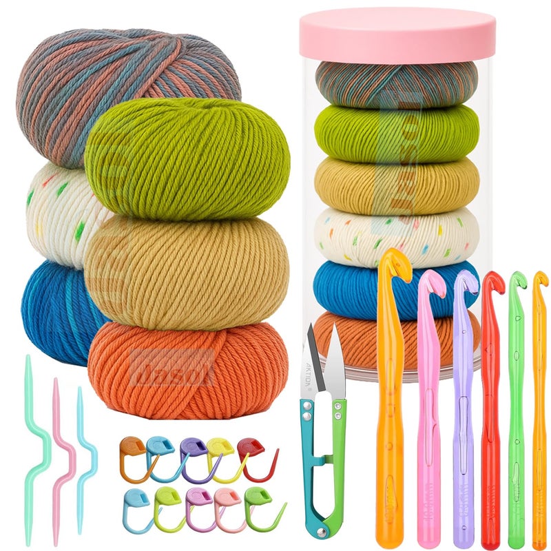 Jasol Crochet Kit for Beginners Adults, 6 Acrylic Skeins 150g Wool Yarn, 29 PCS Crochet Kit with Hooks Yarn Set, Includes Plastic Box, Ideal Starter Pack for Kids Professionals, Multicolor - Image 1