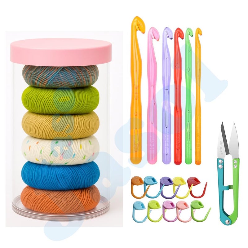 Jasol Crochet Kit for Beginners Adults, 6 Acrylic Skeins 150g Wool Yarn, 29 PCS Crochet Kit with Hooks Yarn Set, Includes Plastic Box, Ideal Starter Pack for Kids Professionals, Multicolor - Image 3