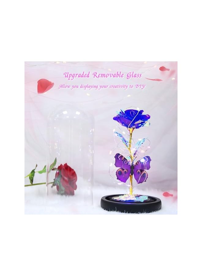 The Bros Valentines Rose Gifts for Her Thanksgiving Christmas Flower Gifts for Women, Galaxy Purple Butterfly Rose in Glass Dome, Light Up Forever Rose Birthday Gifts for Mom Anniversary Eternal Rose Gift - Image 4