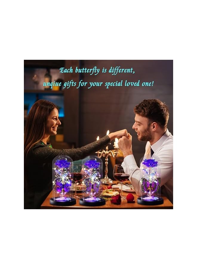 The Bros Valentines Rose Gifts for Her Thanksgiving Christmas Flower Gifts for Women, Galaxy Purple Butterfly Rose in Glass Dome, Light Up Forever Rose Birthday Gifts for Mom Anniversary Eternal Rose Gift - Image 3