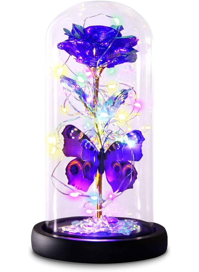 The Bros Valentines Rose Gifts for Her Thanksgiving Christmas Flower Gifts for Women, Galaxy Purple Butterfly Rose in Glass Dome, Light Up Forever Rose Birthday Gifts for Mom Anniversary Eternal Rose Gift - Image 1