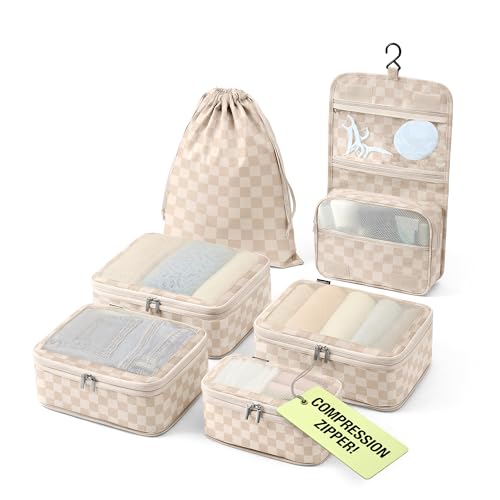 Vandel SpaceSaving Compression Packing Cubes for Women with Hanging Toiletry Bag Laundry Bag Compressible Carry On Suit Case Organizer Luggage Packing Cubes for Travel Compression Organizer Bags - Image 1