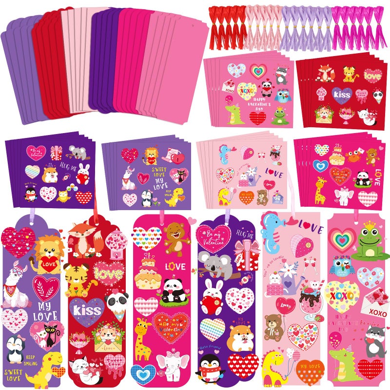 JUNEBRUSHS 30 Pack Valentines Crafts for Kids, Valentine's Day Bookmarks Craft Kits with Assorted Hearts Animal Stickers for Kids Classroom Game Activities Valentines Day Gift Exchange - Image 1