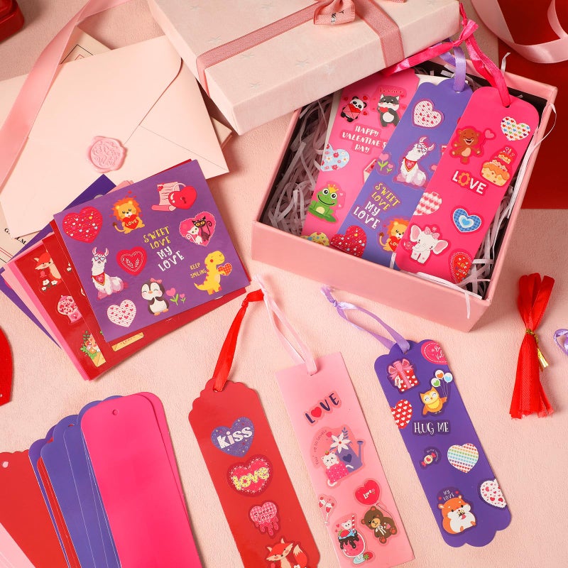 JUNEBRUSHS 30 Pack Valentines Crafts for Kids, Valentine's Day Bookmarks Craft Kits with Assorted Hearts Animal Stickers for Kids Classroom Game Activities Valentines Day Gift Exchange - Image 4