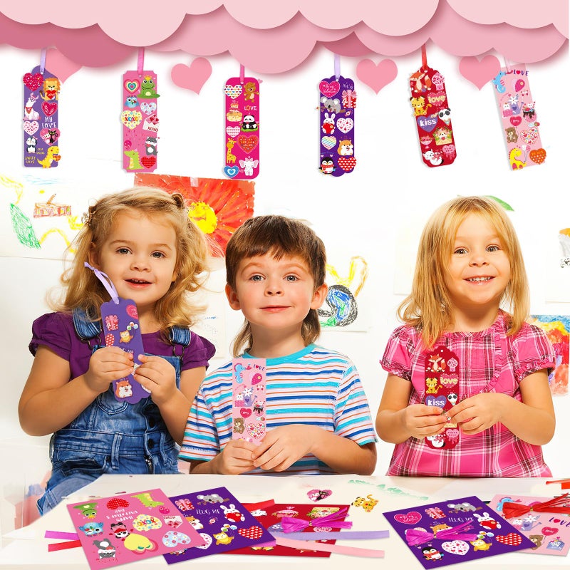 JUNEBRUSHS 30 Pack Valentines Crafts for Kids, Valentine's Day Bookmarks Craft Kits with Assorted Hearts Animal Stickers for Kids Classroom Game Activities Valentines Day Gift Exchange - Image 5