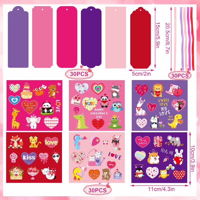 JUNEBRUSHS 30 Pack Valentines Crafts for Kids, Valentine's Day Bookmarks Craft Kits with Assorted Hearts Animal Stickers for Kids Classroom Game Activities Valentines Day Gift Exchange - Image 2