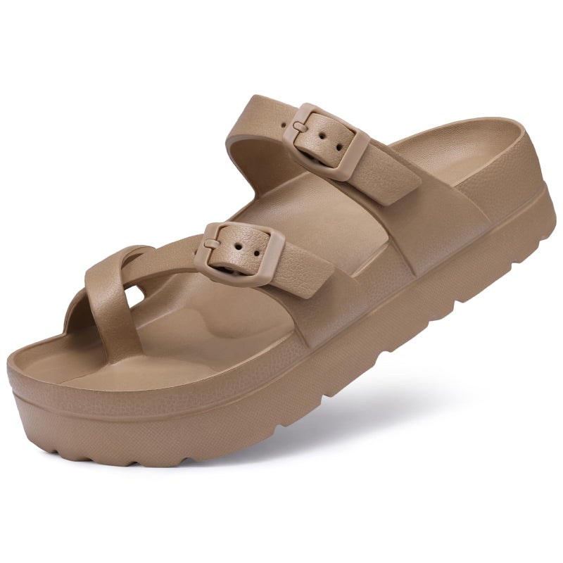 Goosecret Women's Platform Sandals with Arch Support Comfortable Foam Slides Summer Beach Sandals with Adjustable Buckle Brown, 38 - Image 1