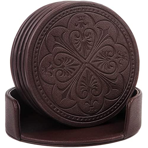 365park Drink Coasters,PU Leather Bar Beer Beverage Coaster for Drinks Set of 6 with Holder Coasters for Wooden Table Coffee Table Absorbent, Easy Clean Cup Coaster Easter Housewarming Gifts - Image 2