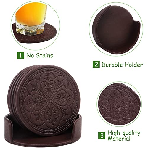 365park Drink Coasters,PU Leather Bar Beer Beverage Coaster for Drinks Set of 6 with Holder Coasters for Wooden Table Coffee Table Absorbent, Easy Clean Cup Coaster Easter Housewarming Gifts - Image 3