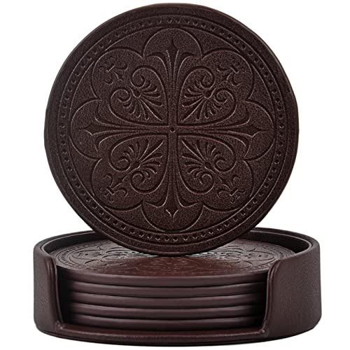 365park Drink Coasters,PU Leather Bar Beer Beverage Coaster for Drinks Set of 6 with Holder Coasters for Wooden Table Coffee Table Absorbent, Easy Clean Cup Coaster Easter Housewarming Gifts - Image 1