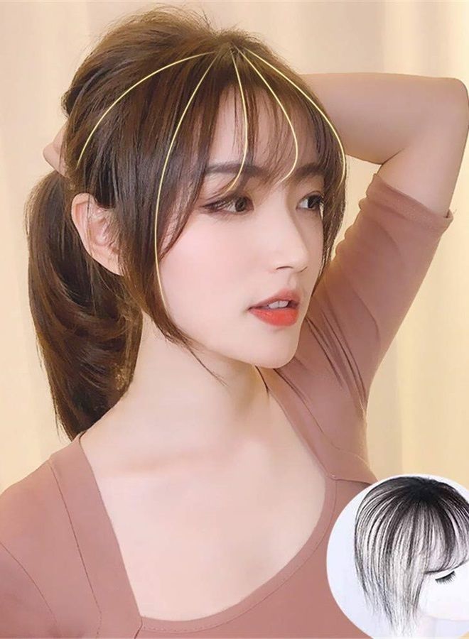 Remeehi Human Hair Bangs with Top Piece Clip in Seamless Topper&Fringe Extension Hand Made Dark Brown - Image 5