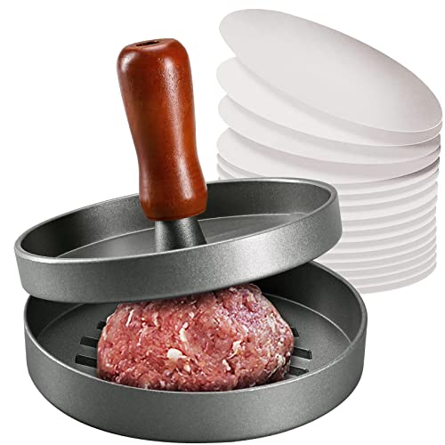 PIQUEBAR Burger Press Patty Maker Stainless Steel Hamburger Patty Press Mold Wood Handle Non-Stick with 100 Patty Papers - Image 1