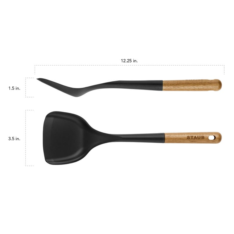 STAUB Wok Spatula, Perfect for Scooping, Flipping, Stirring, and Turning Stir Fries, One Size, Durable BPA-free Matte Black Silicone, Acacia Wood Handles, Safe for Nonstick Cooking Surfaces - Image 3