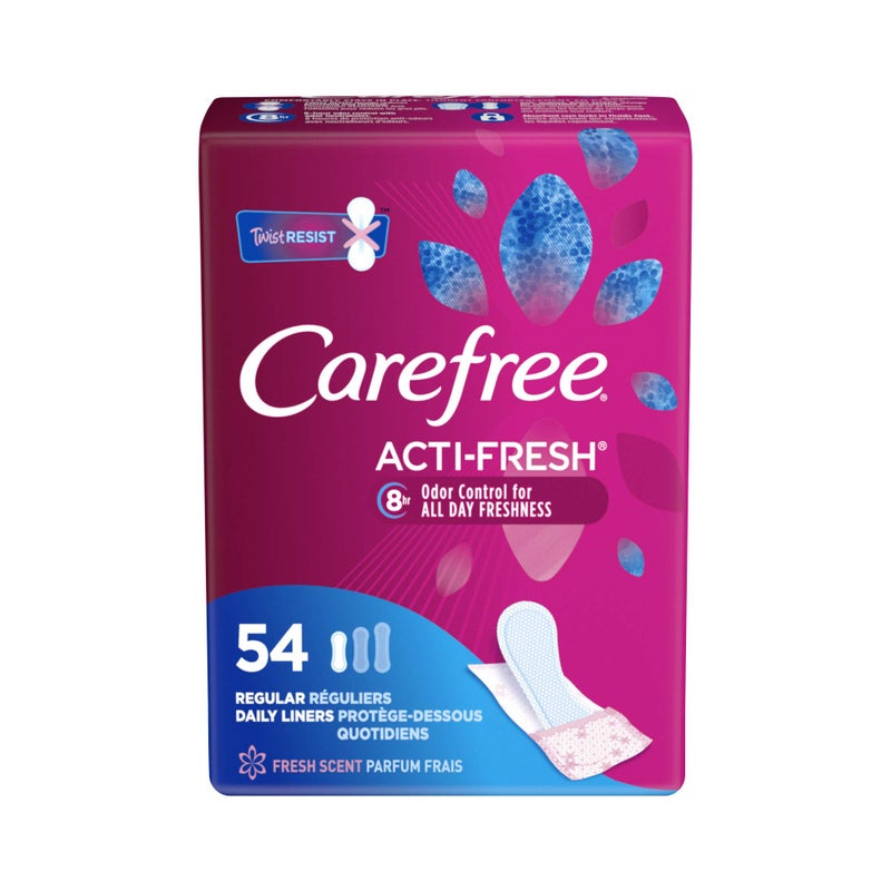 Carefree Acti-Fresh Body Shaped Regular Pantiliners, Fresh Scented, 54 Count (Pack of 1), Package May Vary - Image 1