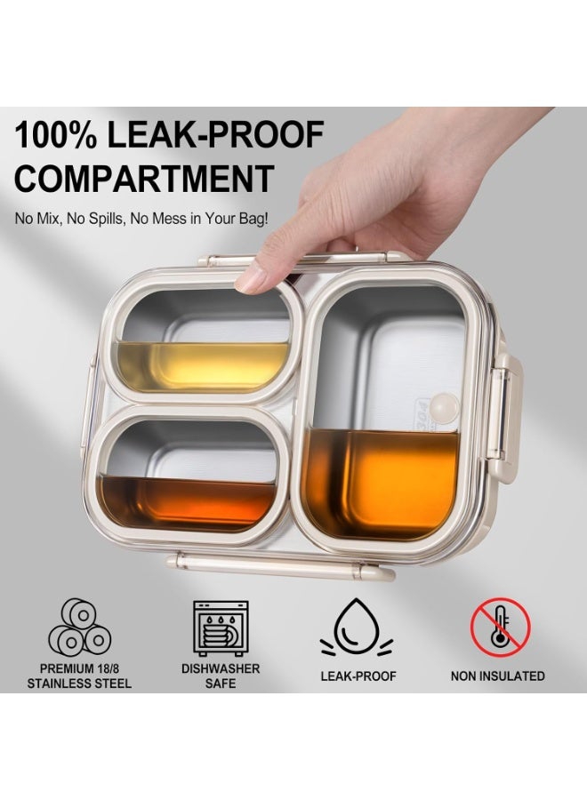 Stainless Steel Lunch Box for Kids & Adults - 25 oz - Leakproof 3 Compartment Metal Lunch Container - 18/8 Stainless Steel Bento Box - Ideal for School, Office & Outdoor - Dishwasher Safe - Image 3