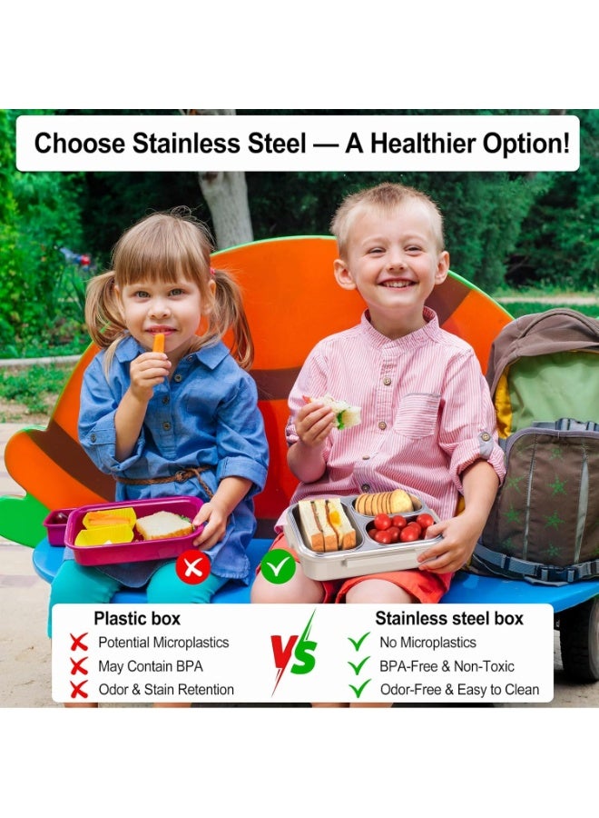 Stainless Steel Lunch Box for Kids & Adults - 25 oz - Leakproof 3 Compartment Metal Lunch Container - 18/8 Stainless Steel Bento Box - Ideal for School, Office & Outdoor - Dishwasher Safe - Image 2