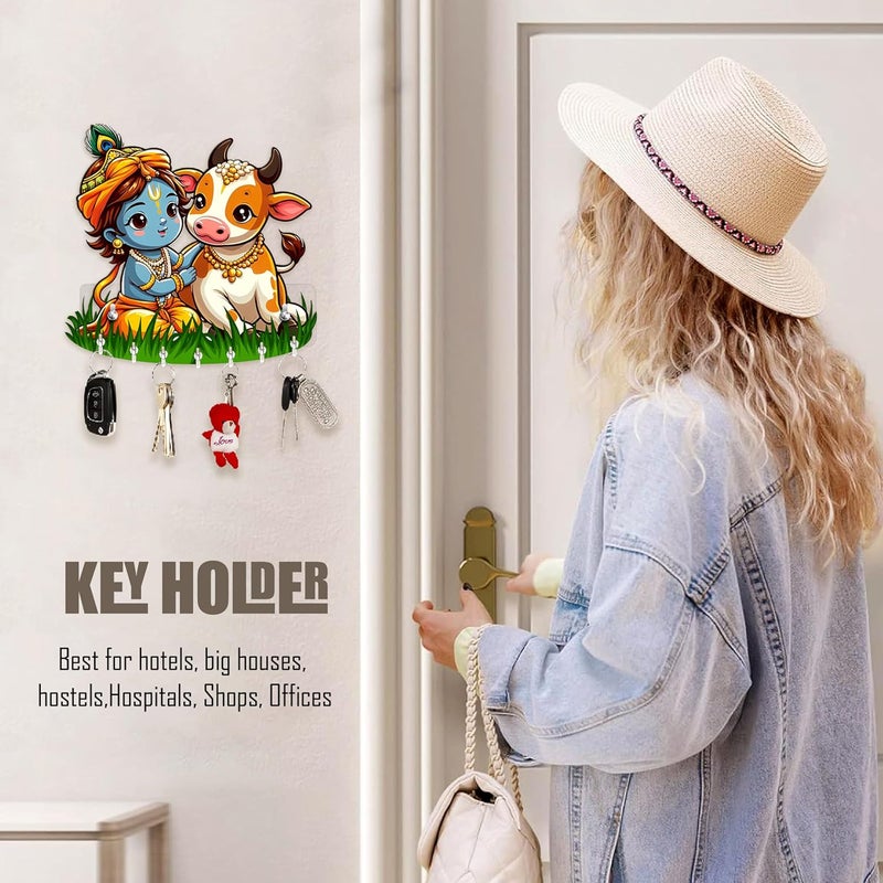 Rousrie Baby Krishna Key Holder, Brown Wooden, 8 Hooks, No-Drill Home Office Wall Mount Storage, Modern Style Decorative Design - Image 2