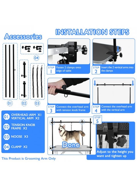 LEIBOU H-Shape Dog Grooming Arm Pet Supplies Grooming Table Arm with 3 Noose and Clamp Heavy Duty Aluminum Alloy Frame with 35.4 Adjustable Height and 36.2 ~ 50 Adjustable Width Dog Grooming Kit