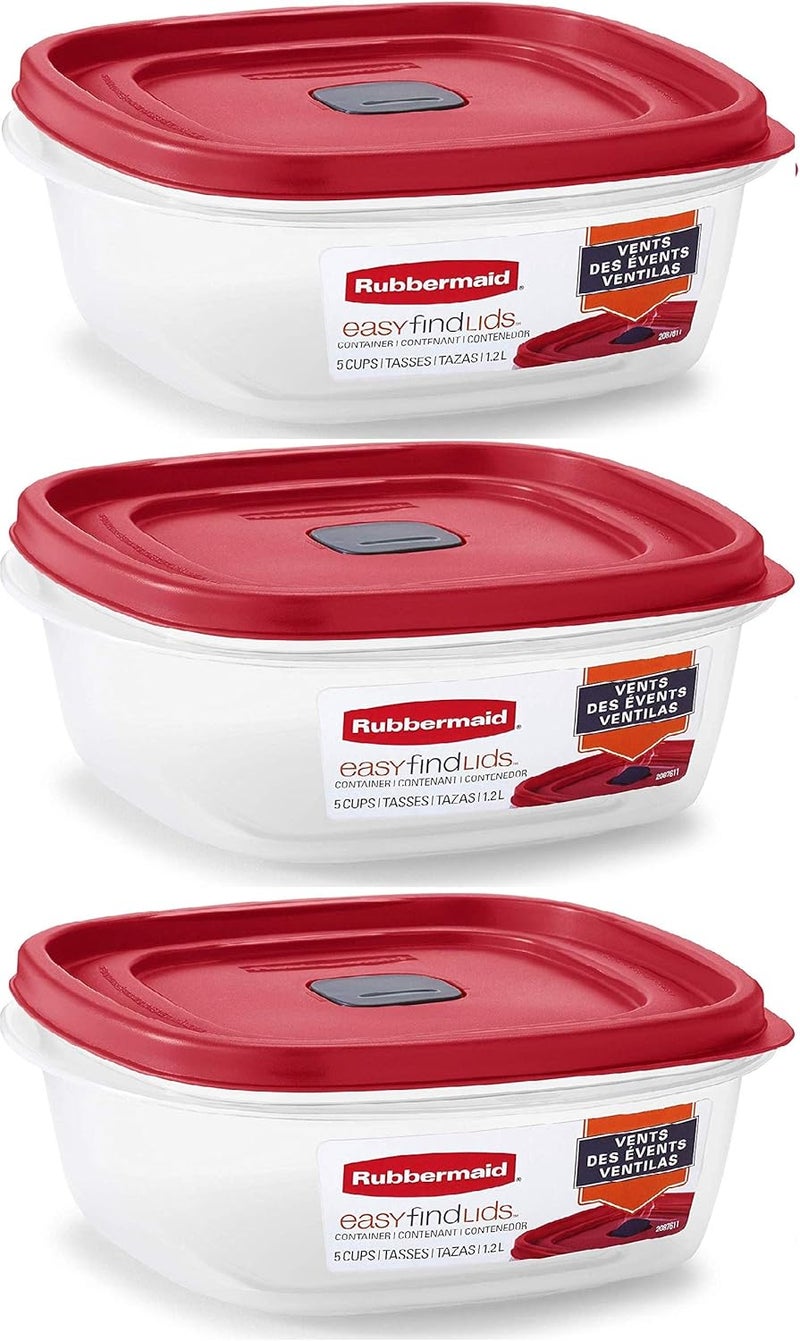 Rubbermaid حاوية تخزين الطعام مربعة سعة 5 أكواب من Rubbermaid مع أغطية سهلة البحث - عبوة من 3 قطع باللون الأحمر مع فتحات تهوية - Image 1