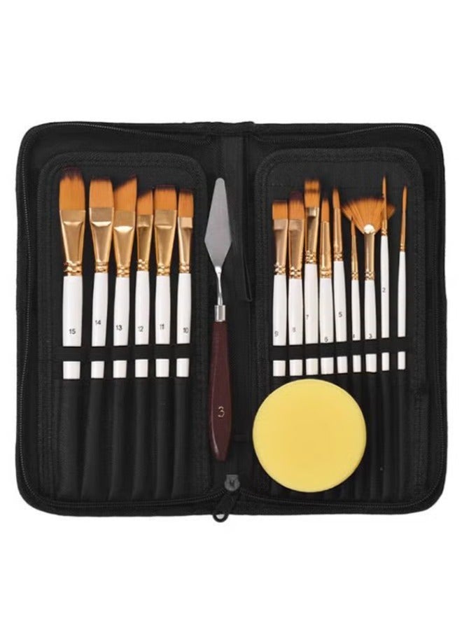 Premium Pack of 15 Artist Paint Brushes With 1 Sponge - Gold and White Design, Versatile for All Painting Techniques