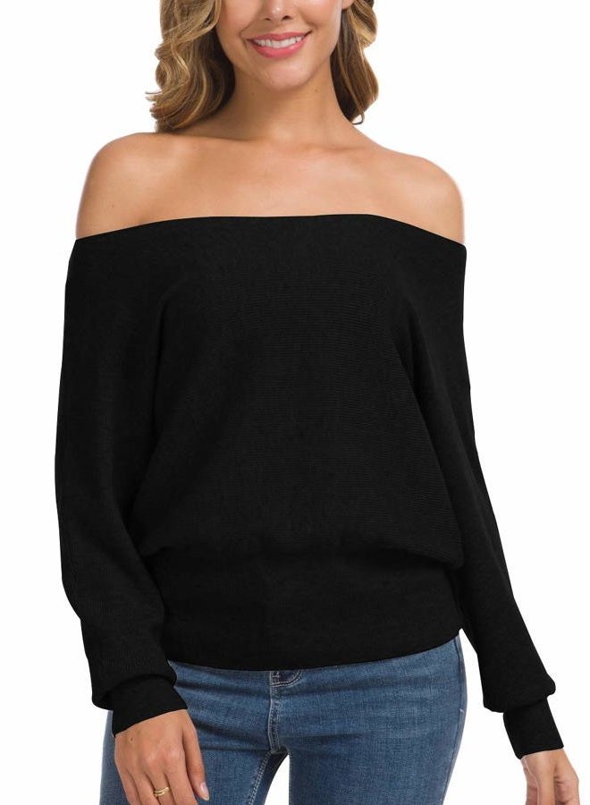 Feiersi Women's Off Shoulder Sweater Long Sleeve Loose Pullover Knit Jumper (Black,Small) - Image 5