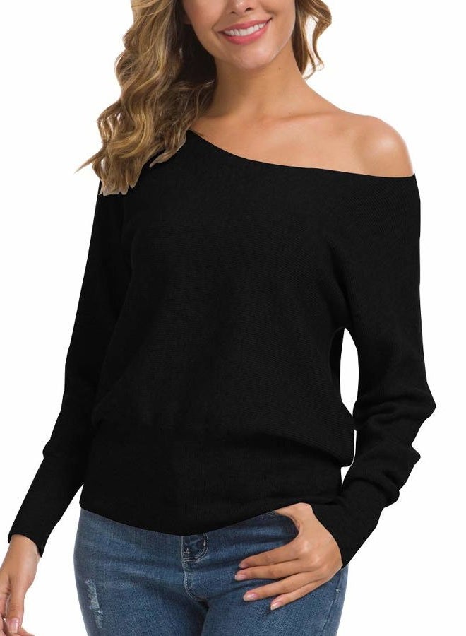 Feiersi Women's Off Shoulder Sweater Long Sleeve Loose Pullover Knit Jumper (Black,Small) - Image 2