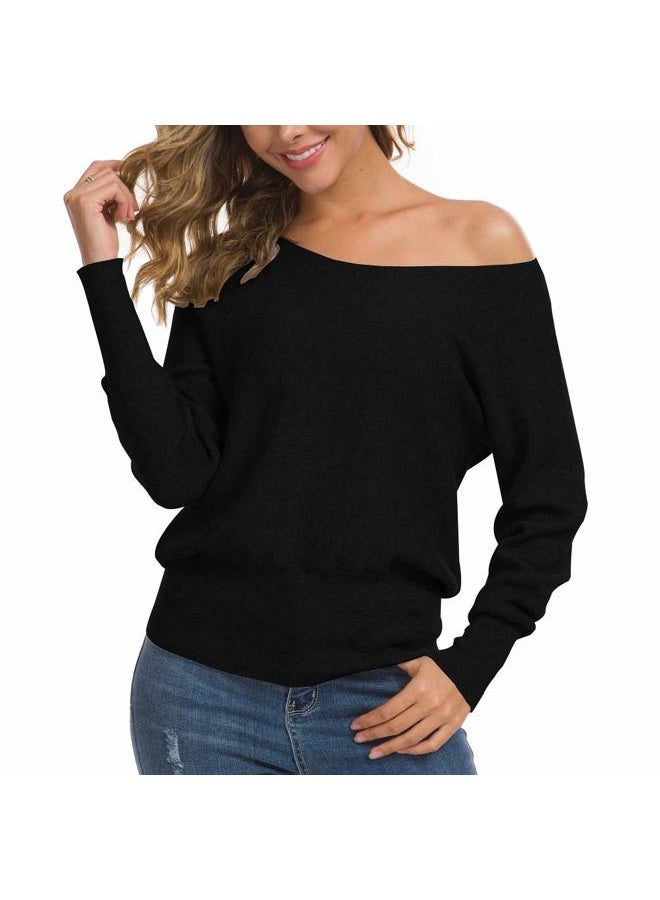 Feiersi Women's Off Shoulder Sweater Long Sleeve Loose Pullover Knit Jumper (Black,Small) - Image 1