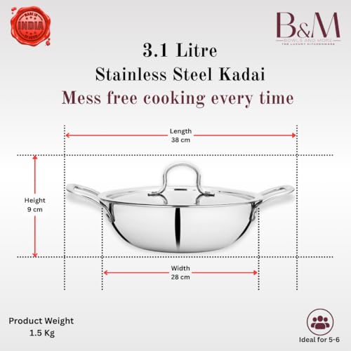 BOWLS  MORE Bowls & More | Tri-Ply Stainless Steel 4 Pcs Cookware Set - 26 cm Wide Kadai (2.6 L) with Lid | 28 cm Wide Kadai (3.2 L) with Lid | Induction/Flame Safe | Brushed Finish (Silver) - Image 5