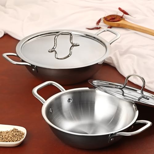 BOWLS  MORE Bowls & More | Tri-Ply Stainless Steel 4 Pcs Cookware Set - 26 cm Wide Kadai (2.6 L) with Lid | 28 cm Wide Kadai (3.2 L) with Lid | Induction/Flame Safe | Brushed Finish (Silver) - Image 1