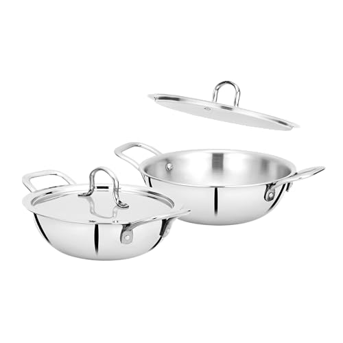BOWLS  MORE Bowls & More | Tri-Ply Stainless Steel 4 Pcs Cookware Set - 26 cm Wide Kadai (2.6 L) with Lid | 28 cm Wide Kadai (3.2 L) with Lid | Induction/Flame Safe | Brushed Finish (Silver) - Image 2