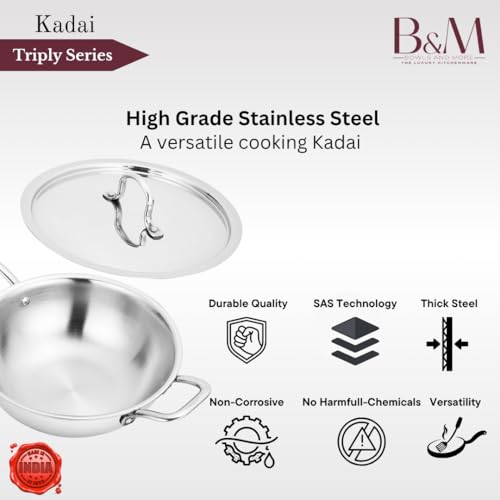 BOWLS  MORE Bowls & More | Tri-Ply Stainless Steel 4 Pcs Cookware Set - 26 cm Wide Kadai (2.6 L) with Lid | 28 cm Wide Kadai (3.2 L) with Lid | Induction/Flame Safe | Brushed Finish (Silver) - Image 3