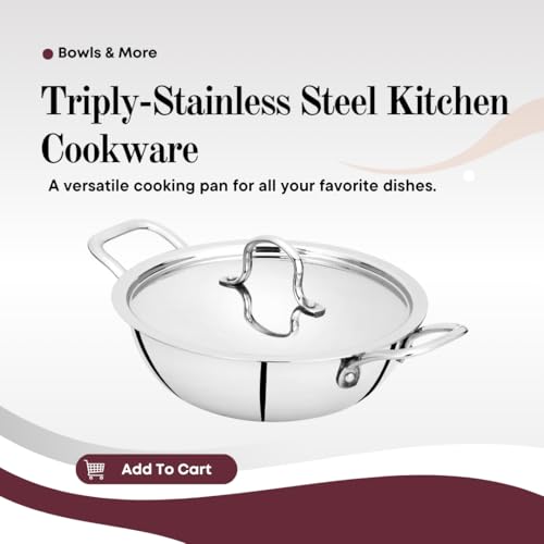 BOWLS  MORE Bowls & More | Tri-Ply Stainless Steel 4 Pcs Cookware Set - 26 cm Wide Kadai (2.6 L) with Lid | 28 cm Wide Kadai (3.2 L) with Lid | Induction/Flame Safe | Brushed Finish (Silver) - Image 4