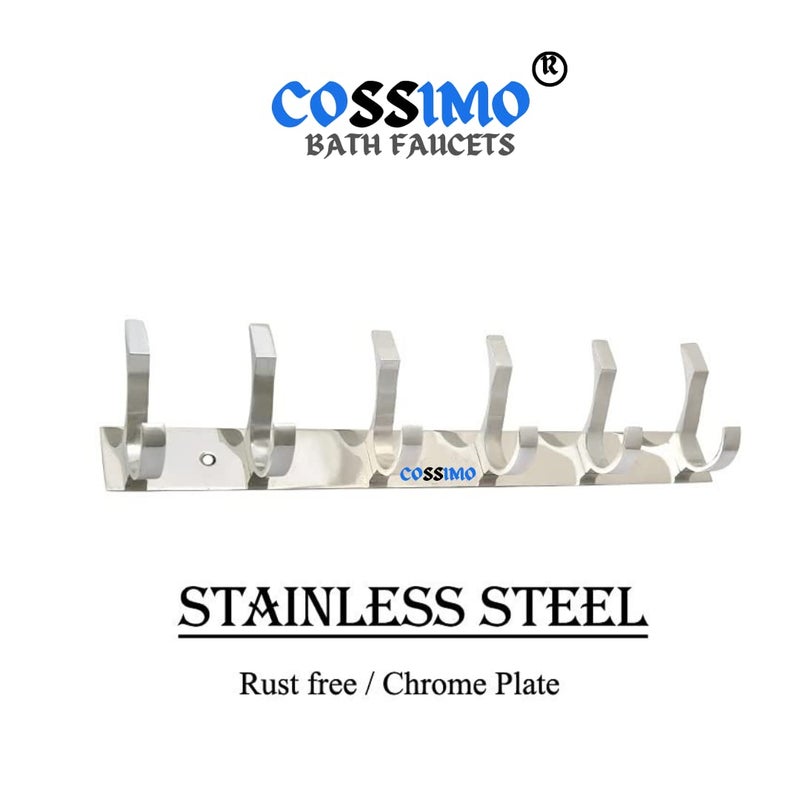 Cossimo Stainless Steel Fescue 6 Pin Cloth Hanger Wall Mounted Bathroom Cloth Hanger,Cloth Wall Hook,Door Hooks Rail for Hanging Keys,Clothes,Towel - Pack of 2 - Image 4