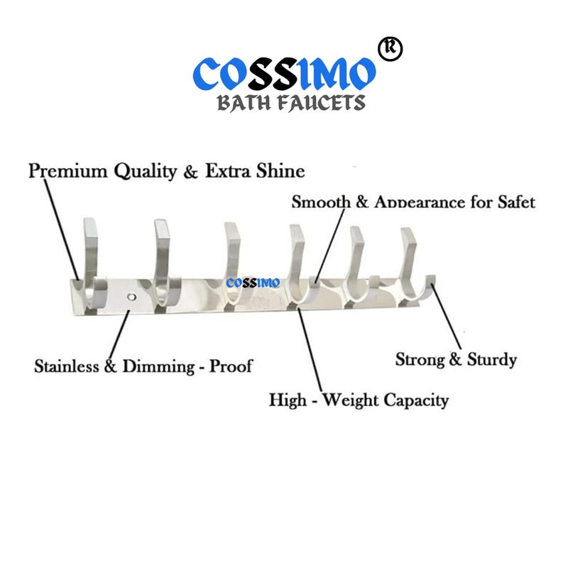 Cossimo Stainless Steel Fescue 6 Pin Cloth Hanger Wall Mounted Bathroom Cloth Hanger,Cloth Wall Hook,Door Hooks Rail for Hanging Keys,Clothes,Towel - Pack of 2 - Image 3