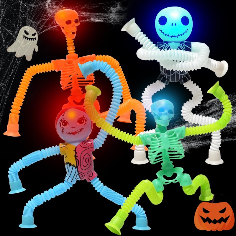 AGRASIV Halloween Skeleton Pop Tubes LED Light Up 4 Pcs Halloween Sensory Fidget Toys Telescopic Suction Cup Autism ADHD Halloween Party Favors Goodie Bags Basket Stuffers Trick or Treat Toys for Kids 6 - Image 3