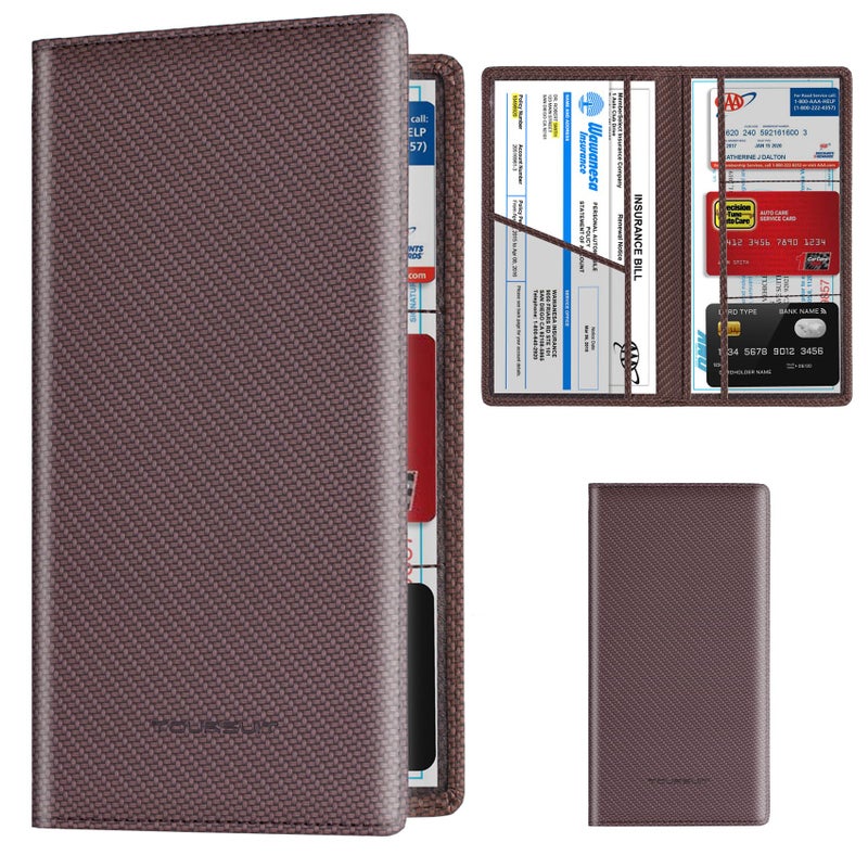 TOURSUIT Car Registration and Insurance Card Holder, Vehicle License Document Glove Box Compartment Organizer, Essential Car Wallet Case for Driver Auto Owners (Carbon Coffee) - Image 1