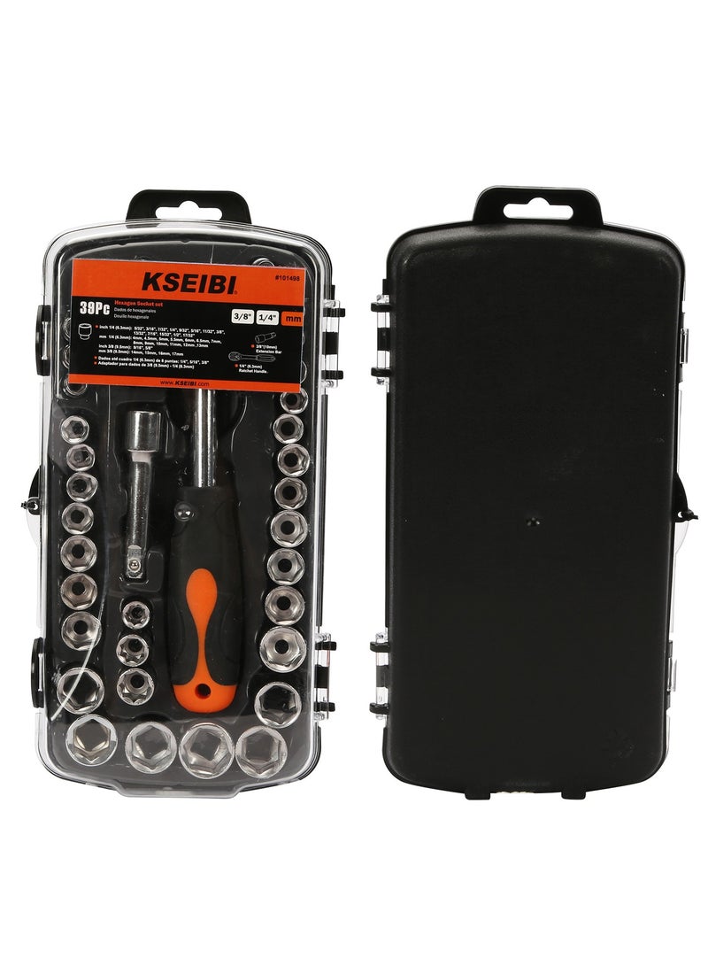 KSEIBI Hand Tool Professional Hexagon Socket and Ratchet Set, 1/4" 38-PC, Anti Rust, Chrome Steel Mirror Polish, Self-Locking Drive Head, Mechanic Tool Kits for Household  and Auto Repair & Bike.  - Image 3