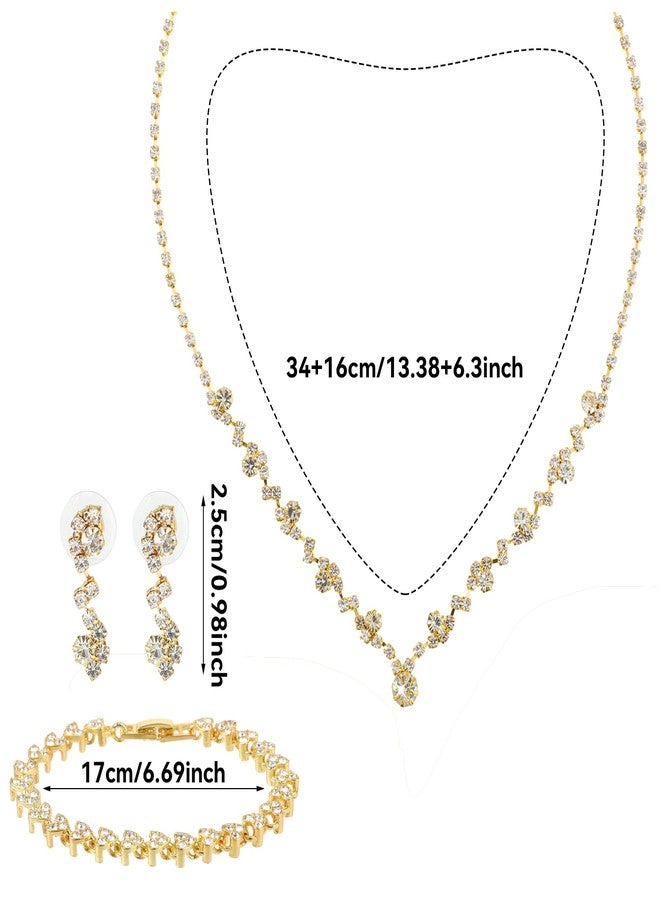 Yolev Bridal Wedding Jewelry Sets Wedding Elegant Gold Rhinestone Necklace Earrings Bracelet for Women Bridesmaid Gold Jewelry Set Formal Costume Accessories for Women - Image 2
