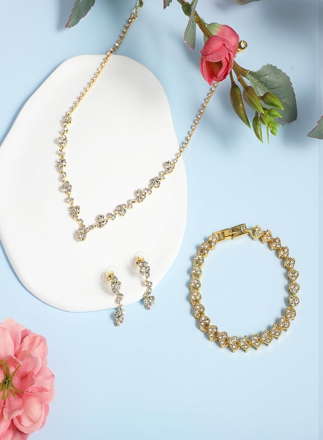 Yolev Bridal Wedding Jewelry Sets Wedding Elegant Gold Rhinestone Necklace Earrings Bracelet for Women Bridesmaid Gold Jewelry Set Formal Costume Accessories for Women - Image 3