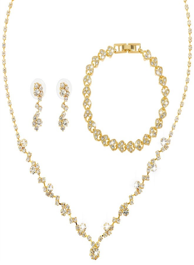 Yolev Bridal Wedding Jewelry Sets Wedding Elegant Gold Rhinestone Necklace Earrings Bracelet for Women Bridesmaid Gold Jewelry Set Formal Costume Accessories for Women - Image 1