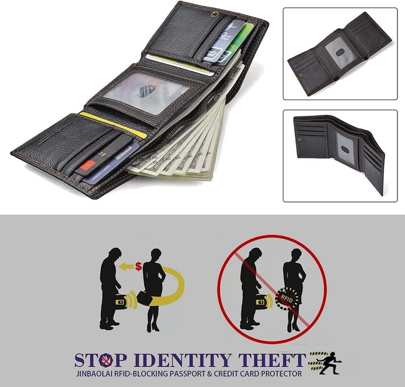 محفظة ثلاثية الطي للرجال من أنبان جلدية، محفظات للرجال مع حجب RFID، جلد طبيعي، محفظة بسعة إضافية للرجال (أسود) - Image 5