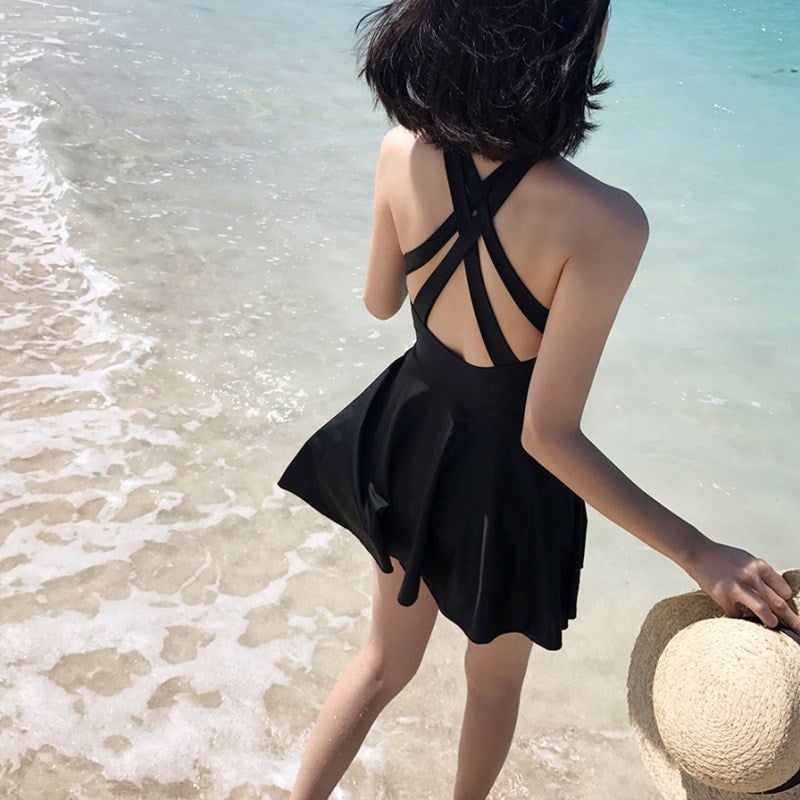 Factory direct black plus size swimsuit womens chubby girl conservative one-piece skirt flat angle slim belly-covered hot spring swimsuit Black